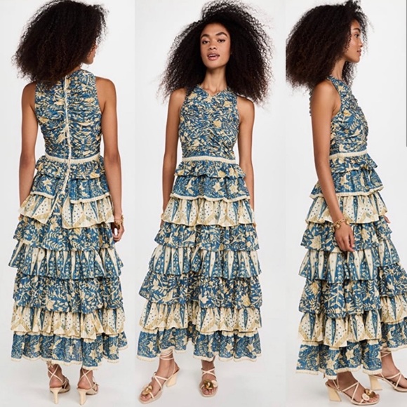 Ulla Johnson Blue and Cream Floral Tiered Dress - Picture 1 of 9
